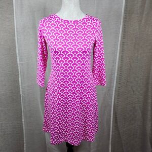 Barbara Gerwit XS Pink White Geometric Print Dress‎ 3/4 Sleeve Stretch Nylon